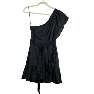 Banana Republic Size 2 Ruffled One Shoulder Milkmaid Mini Dress Black 100% Linen